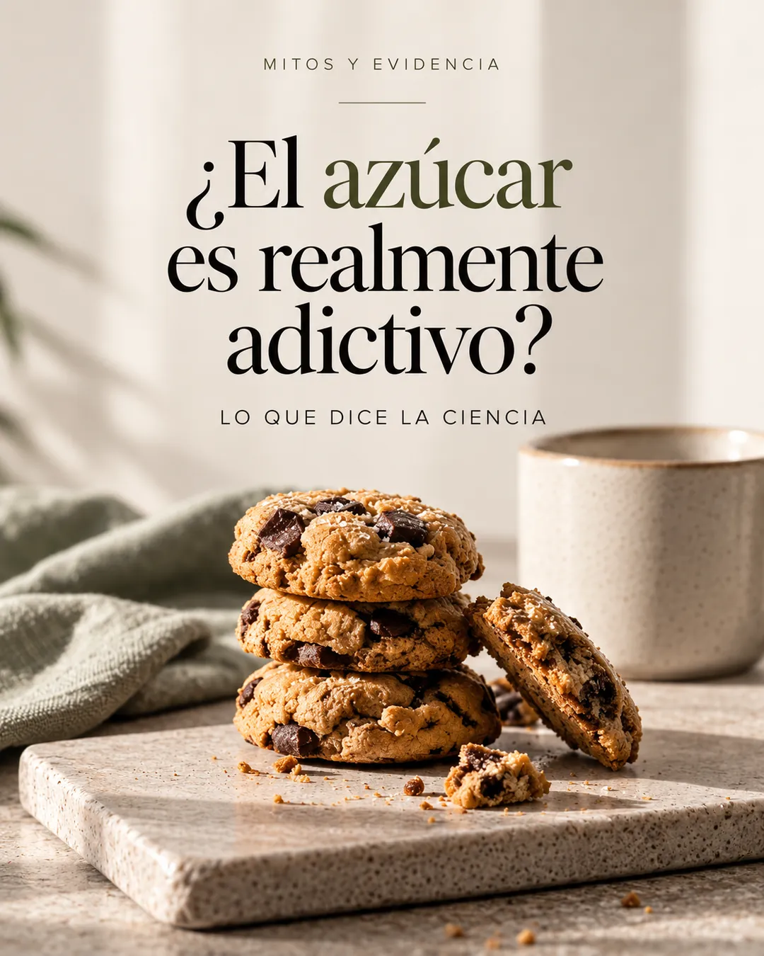 Portada del artículo «¿El azúcar es realmente adictivo?»: galletas con pepitas de chocolate apiladas sobre una tabla de piedra, junto a una taza de cerámica.